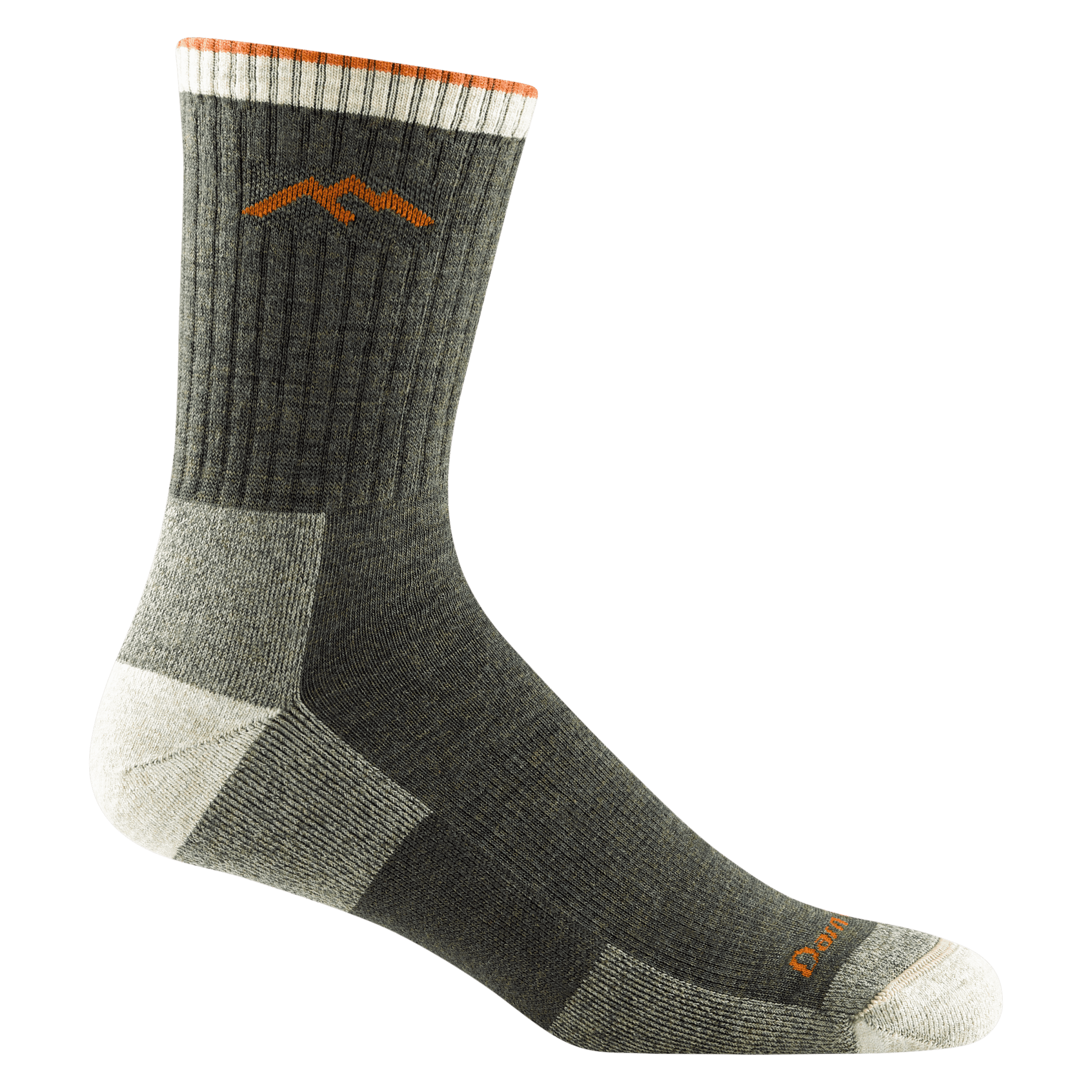 Darn Tough Hiker Micro Crew Cushion socks in olive green, showing the micro crew height and cushioned sole