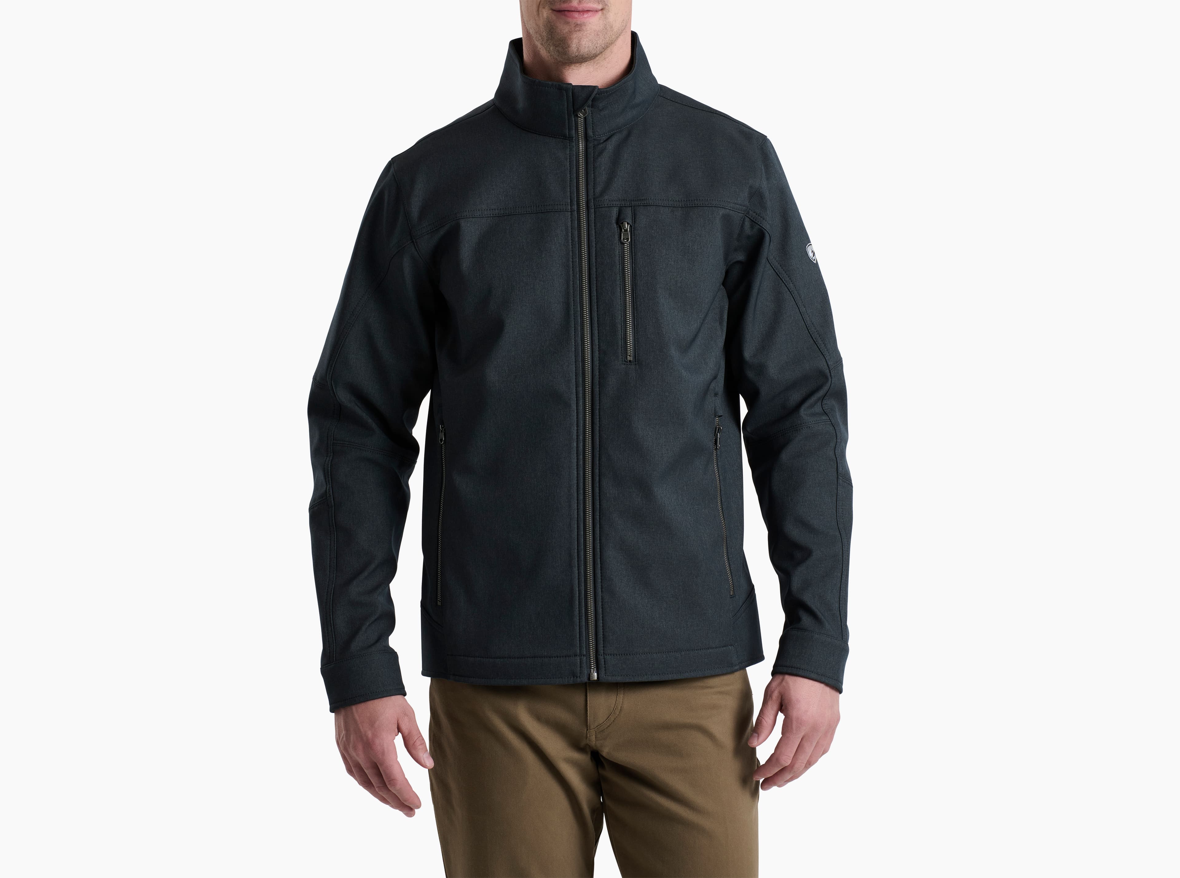 KUHL Impakt Jacket in Onyx color, front view showing softshell exterior and zippered chest pocket