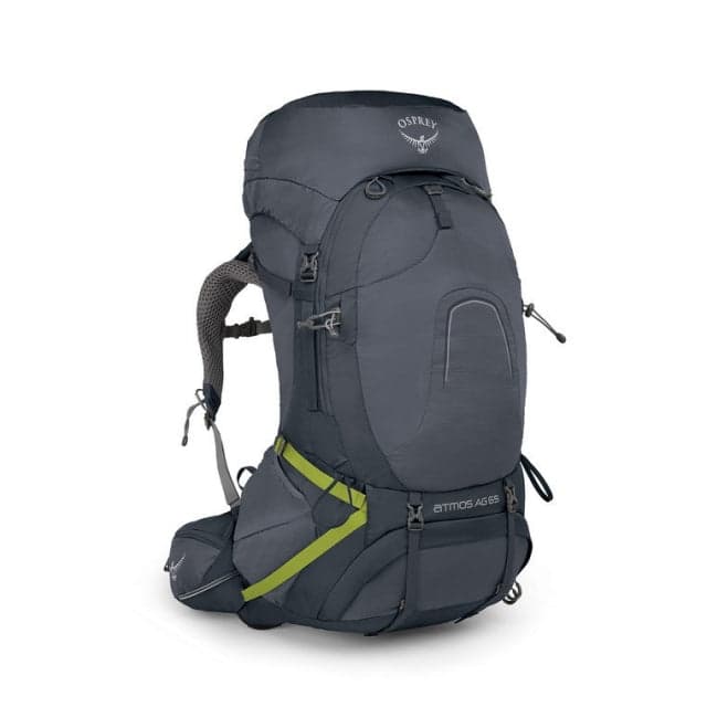 Osprey Atmos AG 65 backpacking pack in Mythical Green, front view showing mesh back panel and hip belt