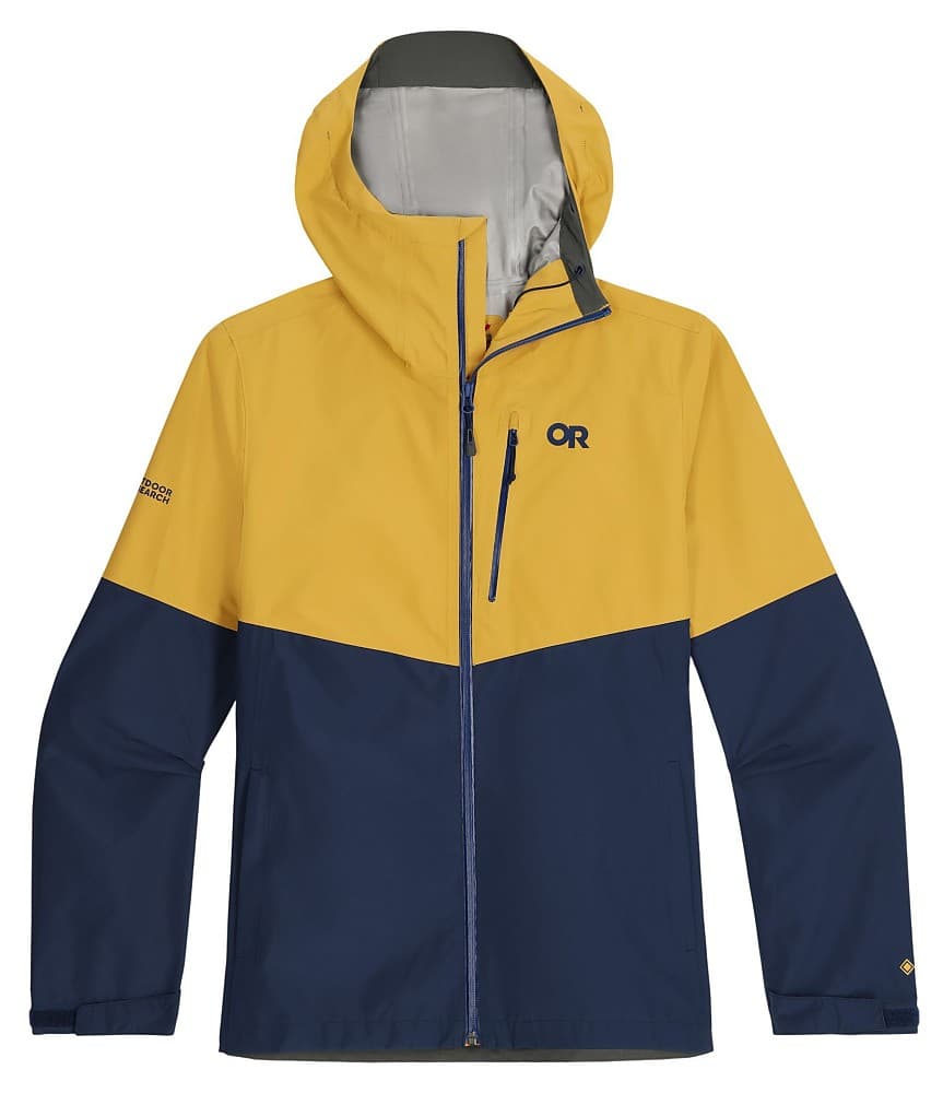 Outdoor Research Foray II GORE-TEX rain jacket for men showing front view with hood and TorsoFlo side venting