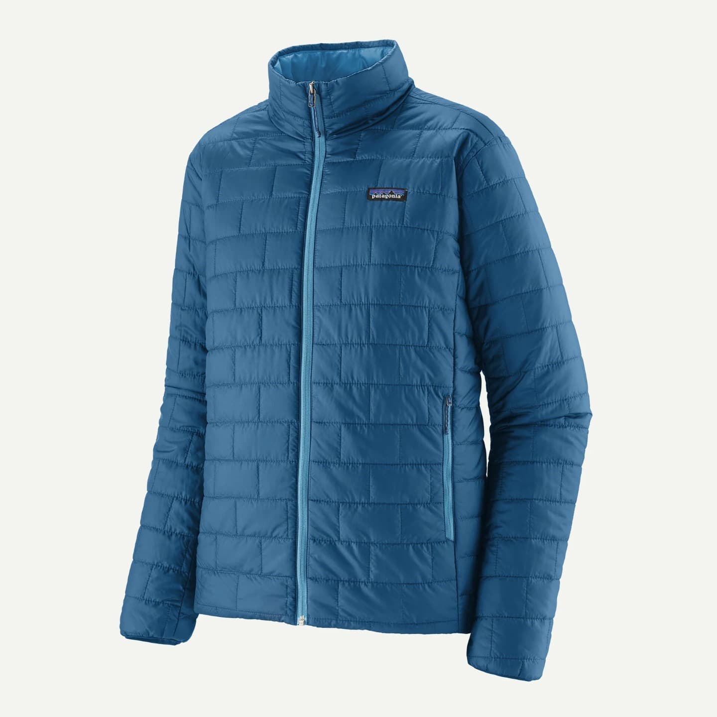 Patagonia Nano Puff Jacket in Aquatic Blue, front view showing brick quilting pattern and center zip
