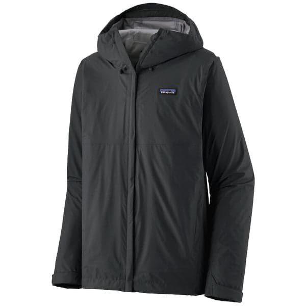 Patagonia Torrentshell 3L rain jacket in blue, front view showing center zip and handwarmer pockets